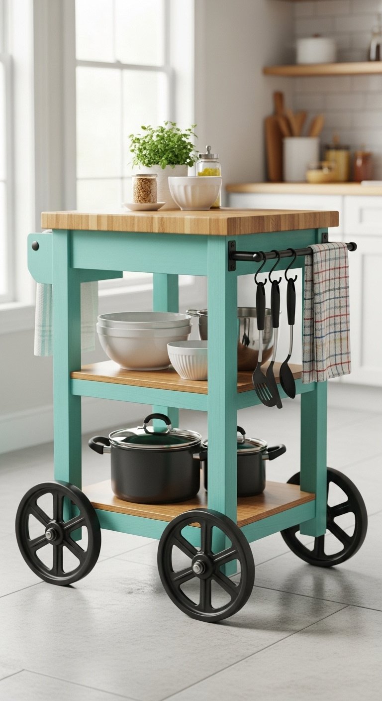 Easy DIY kitchen island project using stock cabinets and a butcher block surface with tools visible