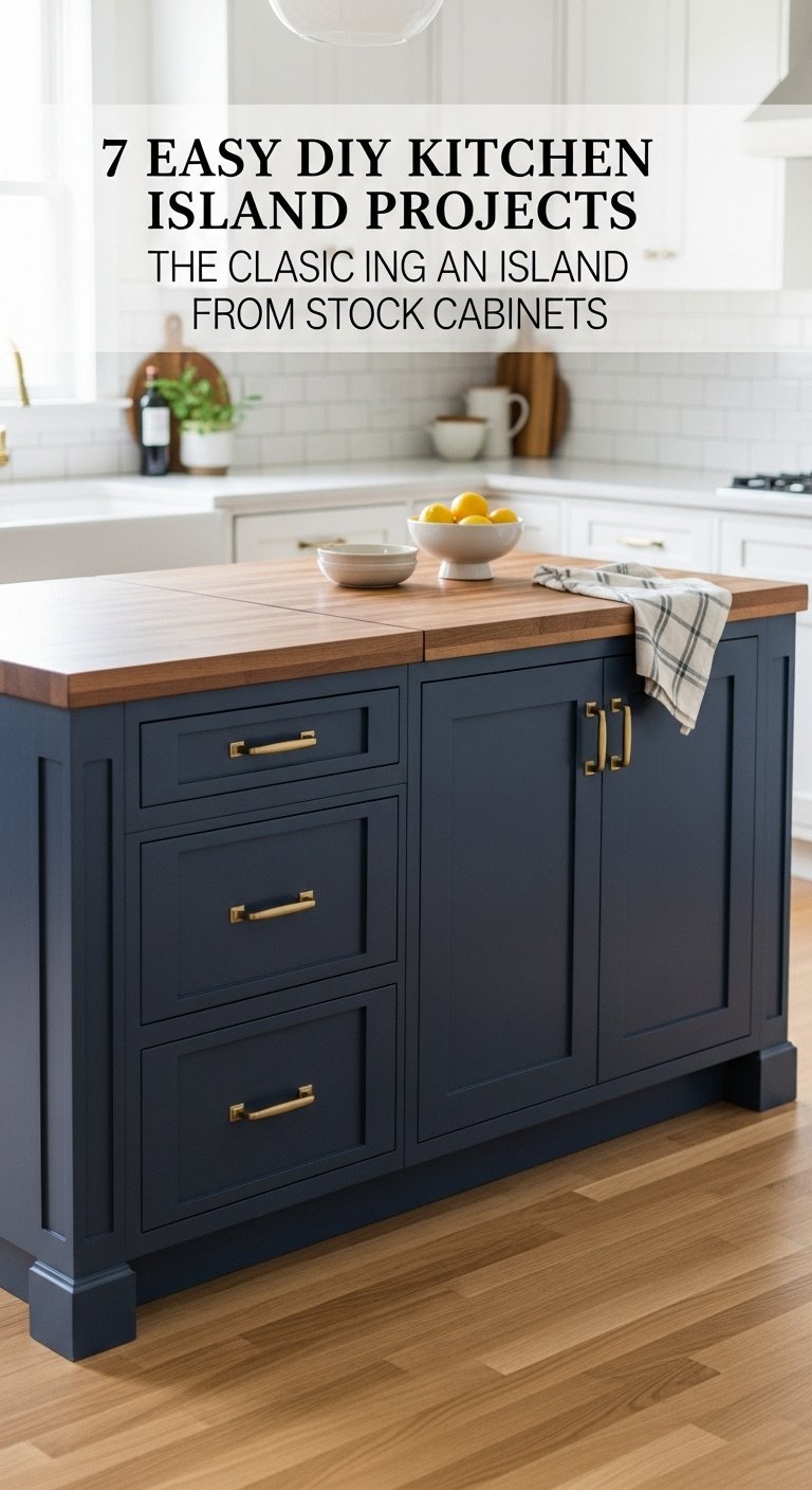Easy DIY kitchen island project with partially assembled base cabinets and butcher block top