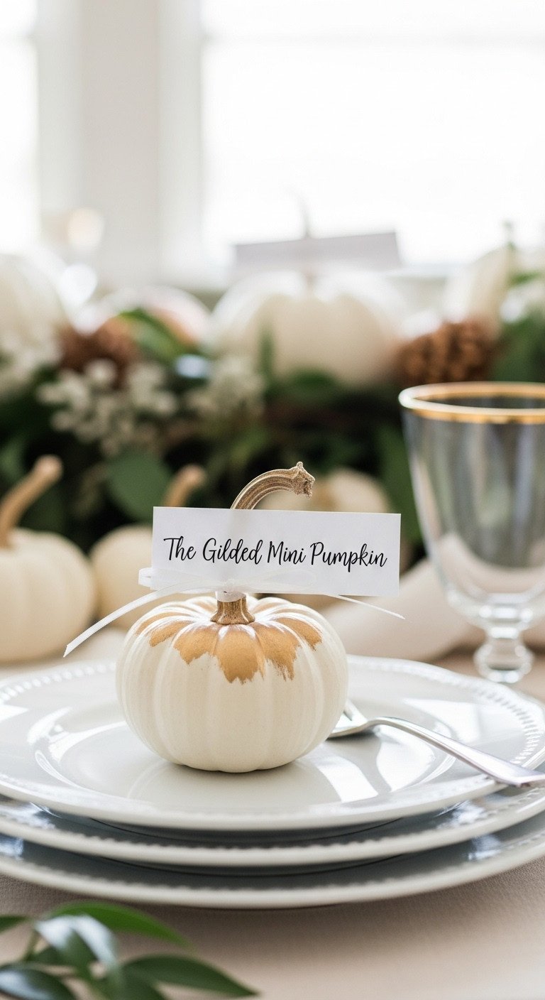 Easy Thanksgiving gilded mini pumpkin place card with elegant calligraphy and ribbon on a white plate