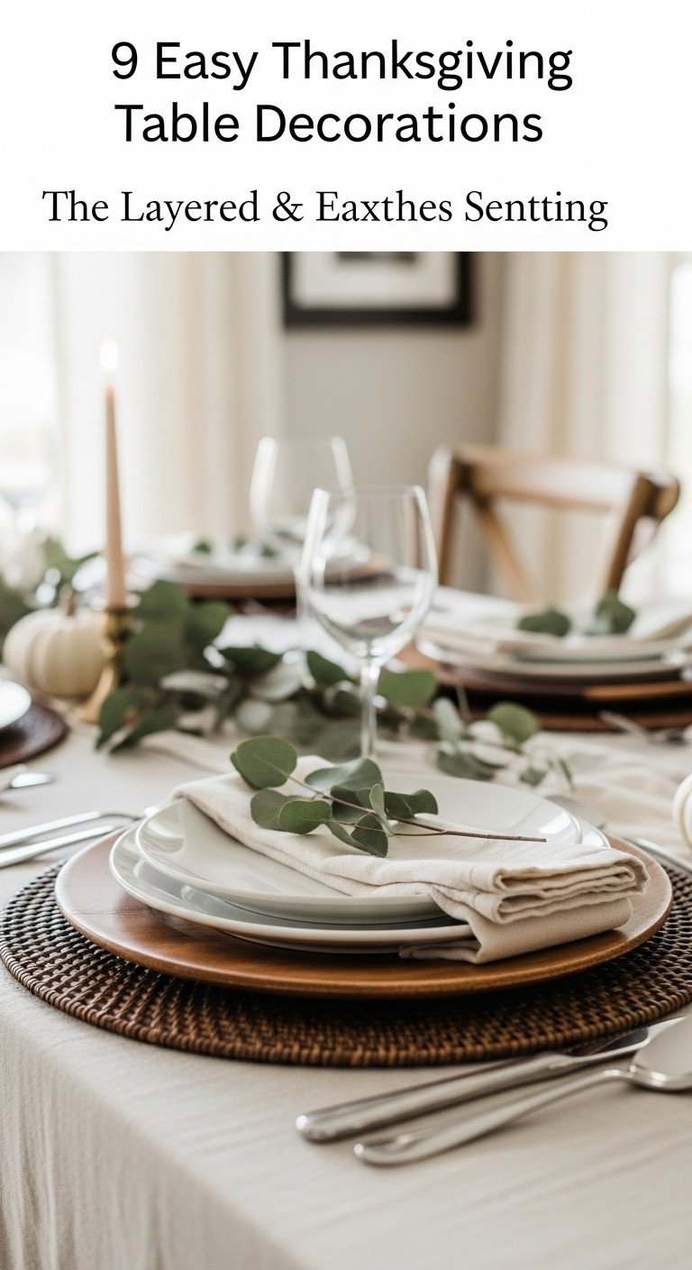 Easy Thanksgiving layered place setting with dark brown woven placemat wooden charger white dinner plate and eucalyptus