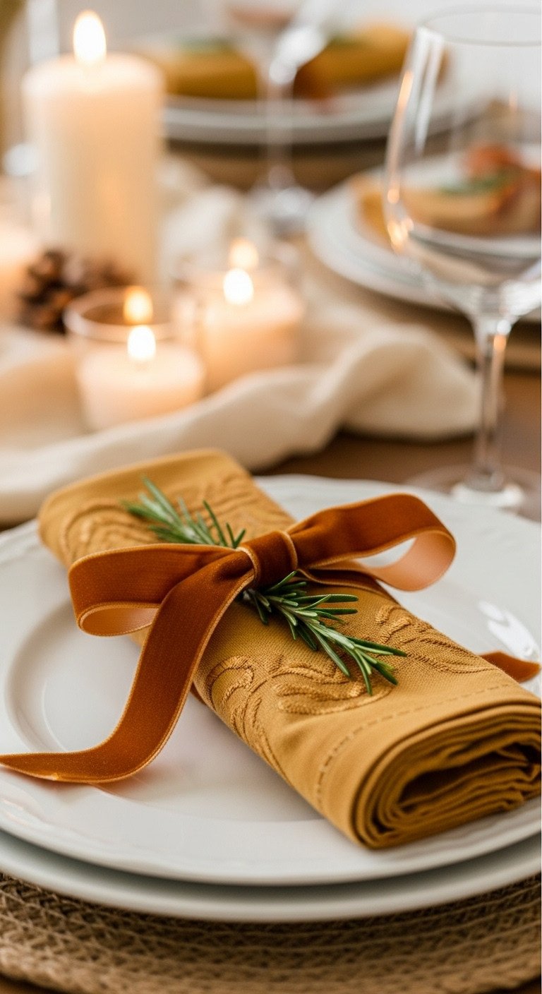 Easy Thanksgiving luxurious velvet ribbon napkin tie with mustard cloth napkin and copper ribbon with rosemary