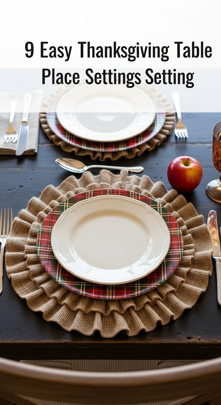 Easy Thanksgiving rustic plaid and burlap place setting with cream plate and red apple on a farm table
