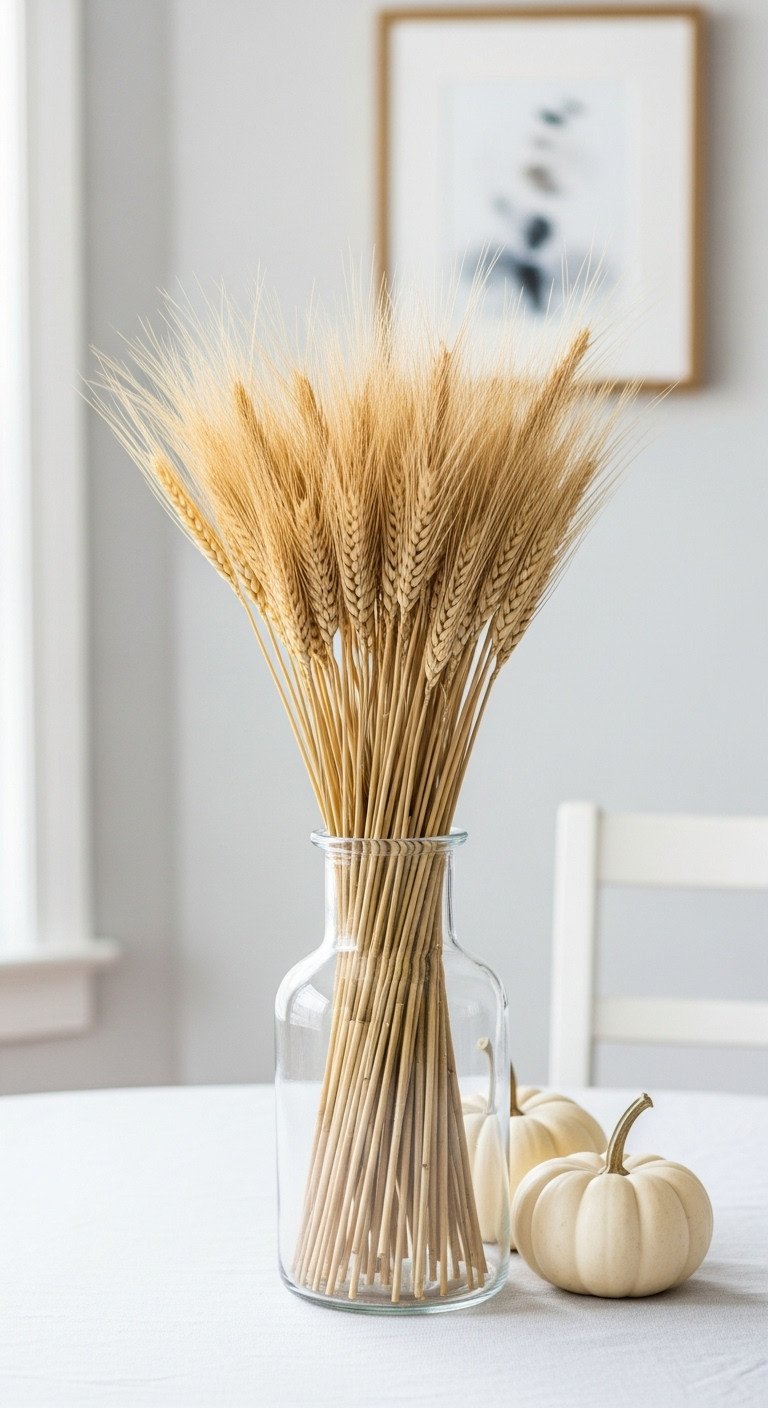 Easy Thanksgiving simple wheat stalk arrangement in a clear glass vase with a white pumpkin
