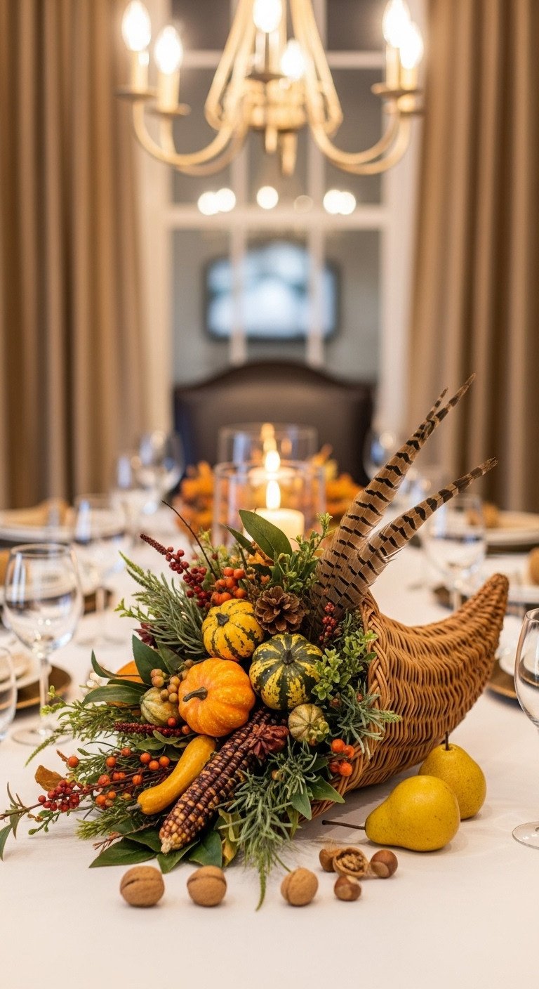 Easy Thanksgiving traditional cornucopia centerpiece overflowing with faux greenery gourds Indian corn and pheasant feathers