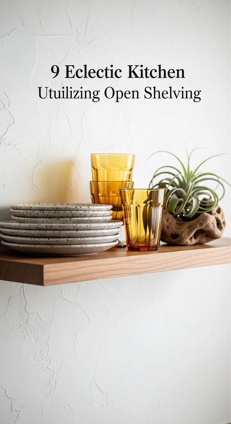 Eclectic bohemian kitchen floating wooden shelf with ceramic plates vintage amber glass cups sculptural driftwood and air plant