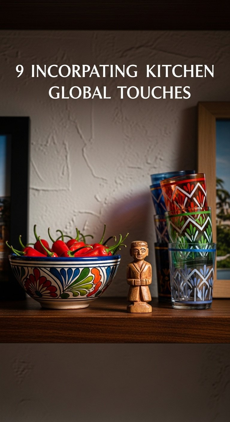 Eclectic bohemian kitchen open shelf with hand painted Mexican ceramic bowl carved wooden figure and Moroccan tea glasses