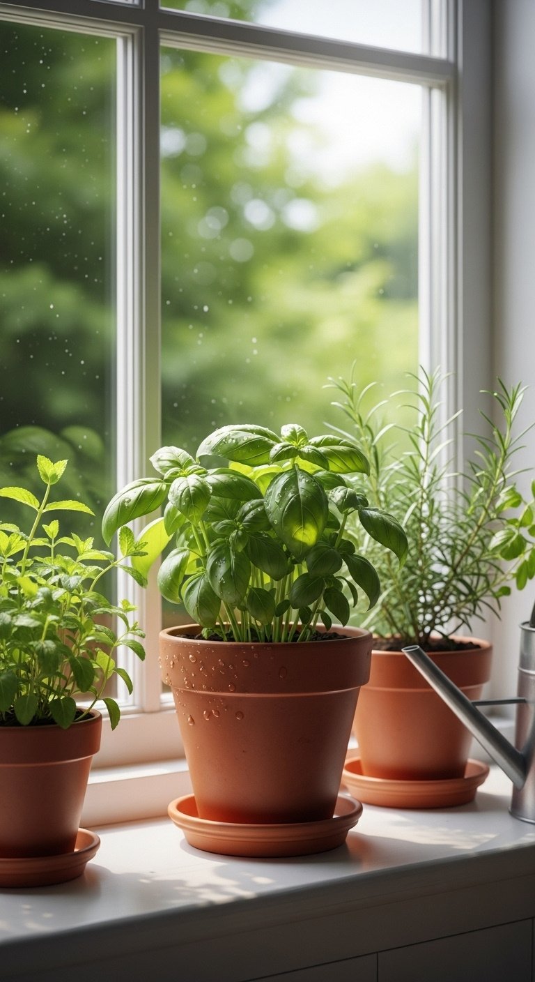 Eclectic bohemian kitchen sunny windowsill with lush basil mint rosemary in terracotta pots and vintage watering can
