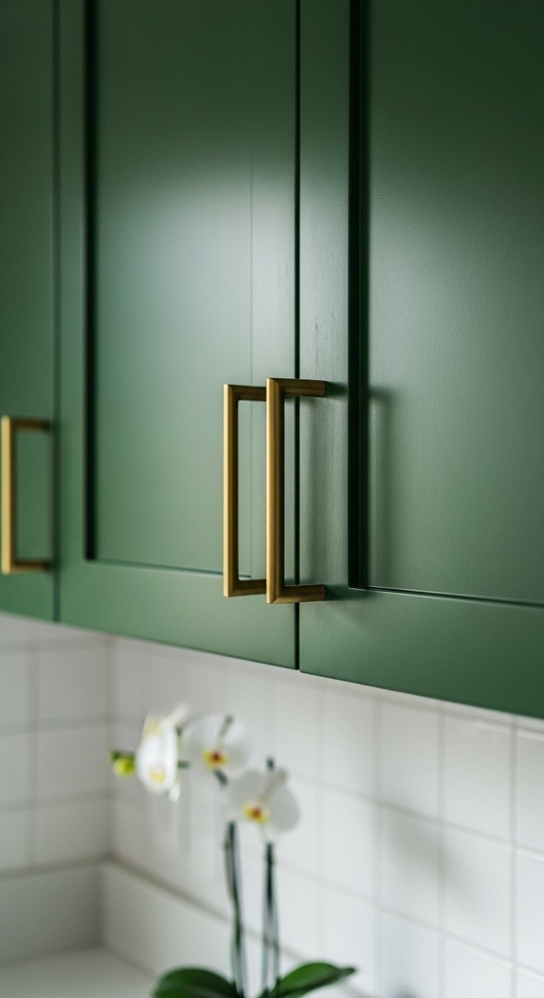 Eclectic bohemian kitchen with bold matte forest green cabinet door modern brass pull handle and white orchid