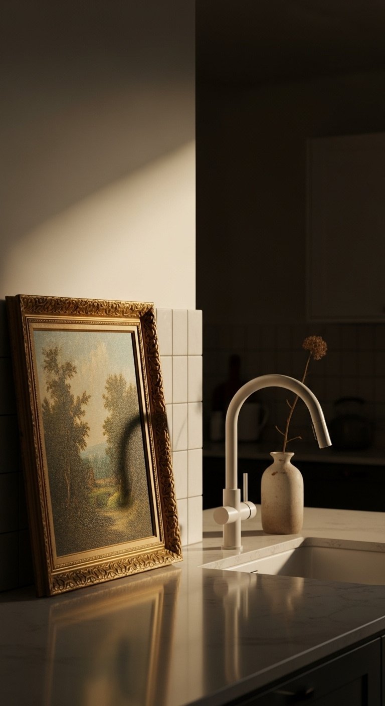 Eclectic bohemian kitchen with modern countertop minimalist faucet vintage oil painting in ornate golden frame and dried flower