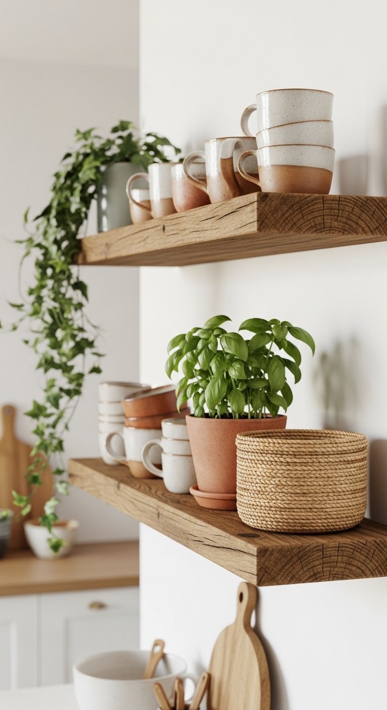 Eclectic bohemian kitchen with reclaimed wood open shelf ceramic mugs terracotta pot basil plant woven basket and trailing ivy