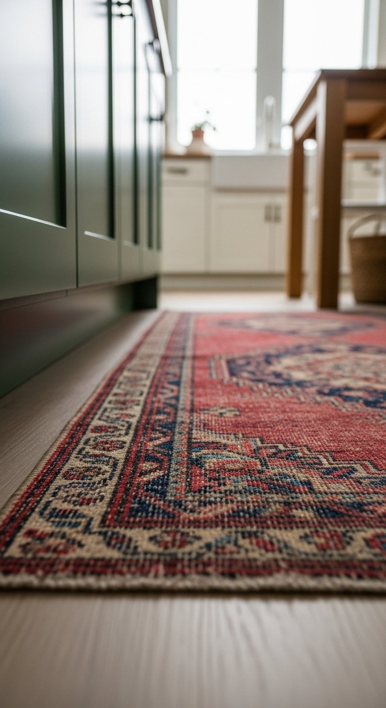 Eclectic bohemian kitchen with vibrant vintage Persian style runner rug dark green cabinet and light wood floor