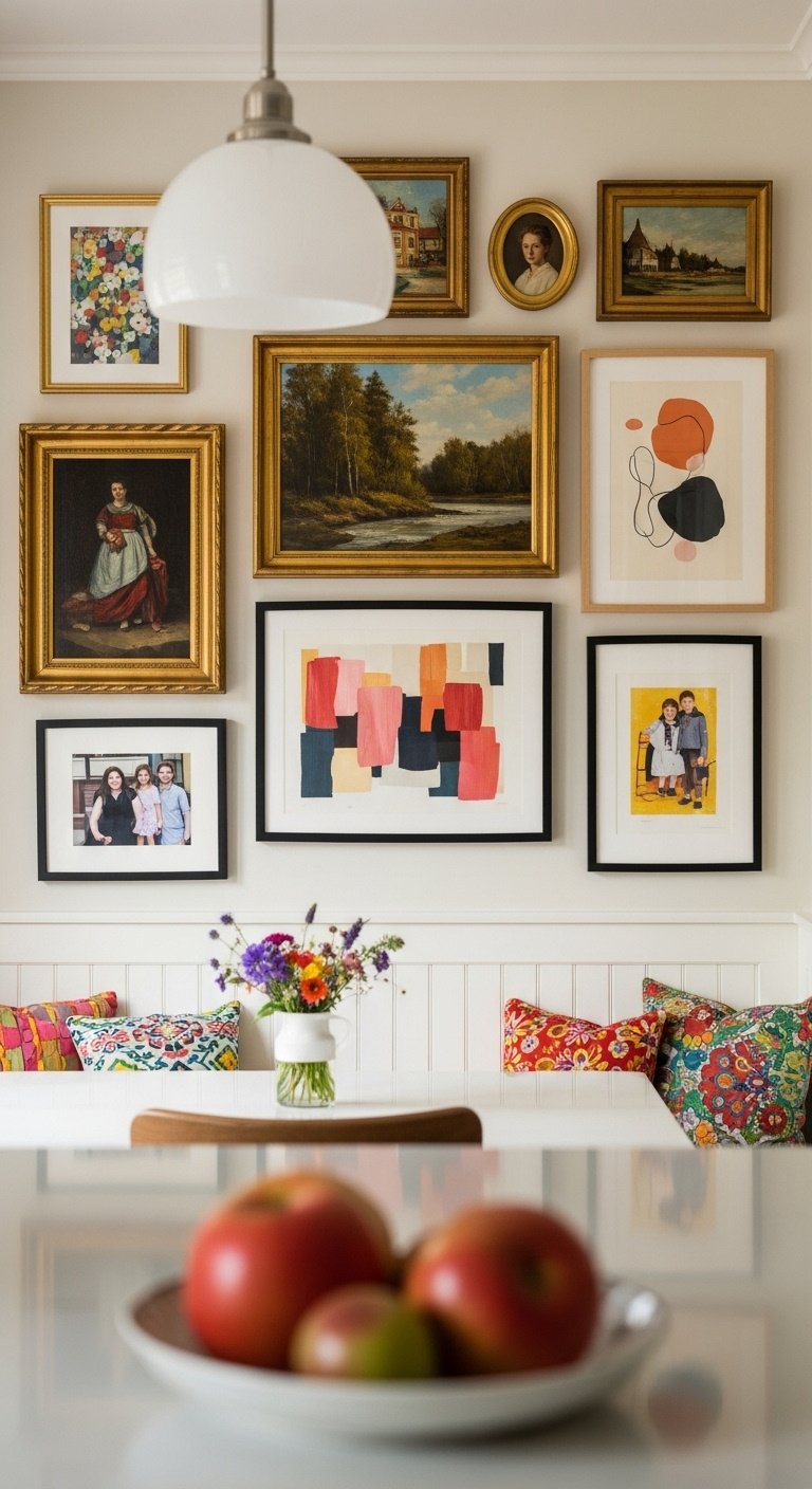 Eclectic kitchen gallery wall with thrifted oil paintings modern abstract prints and family photograph above banquette