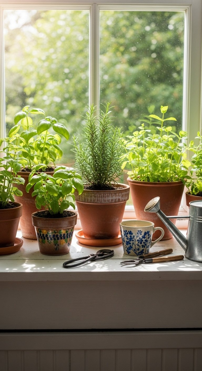 Eclectic kitchen sunny windowsill with mismatched pots of lush herbs like basil rosemary and mint