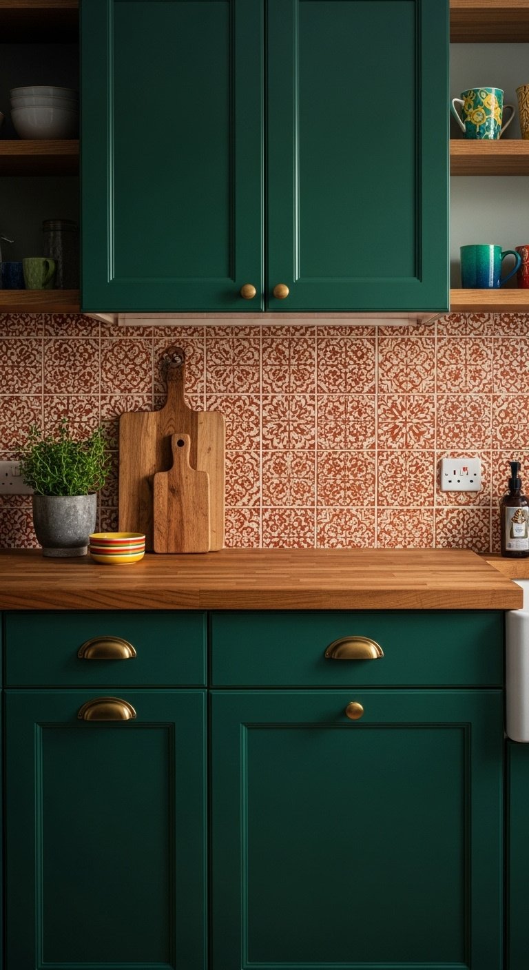 Eclectic kitchen with emerald green cabinets terracotta tile backsplash brass hardware potted herb and ceramic mugs