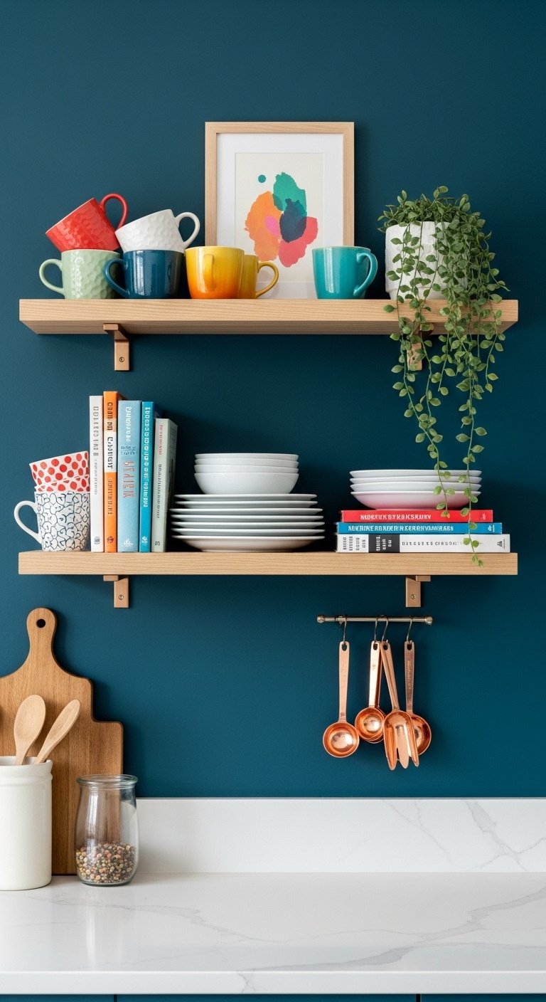 Eclectic kitchen with light wood floating shelves deep teal wall colorful mugs vintage cookbooks plant abstract art and copper spoons