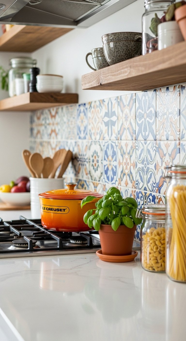 Eclectic kitchen with mismatched Portuguese patterned cement tile backsplash rustic wood shelves white quartz countertop and Le Creuset pot