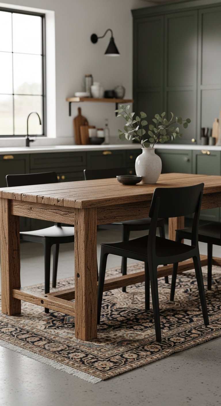 Eclectic kitchen with rustic wood table modern chairs soft natural light dark green cabinets and Persian rug
