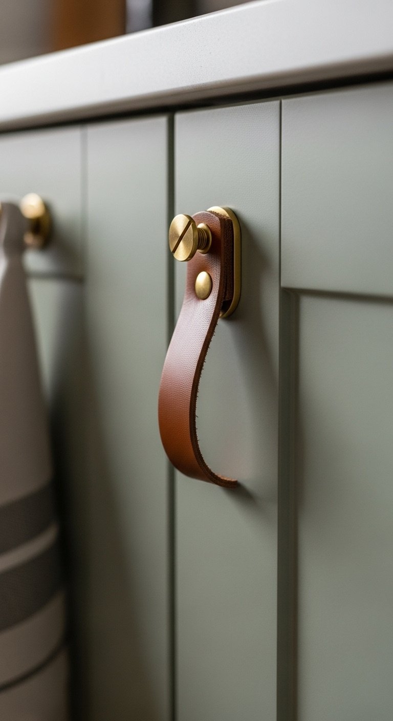 Eclectic kitchen with sage green cabinet door handmade leather pull handle and elegant brass screw