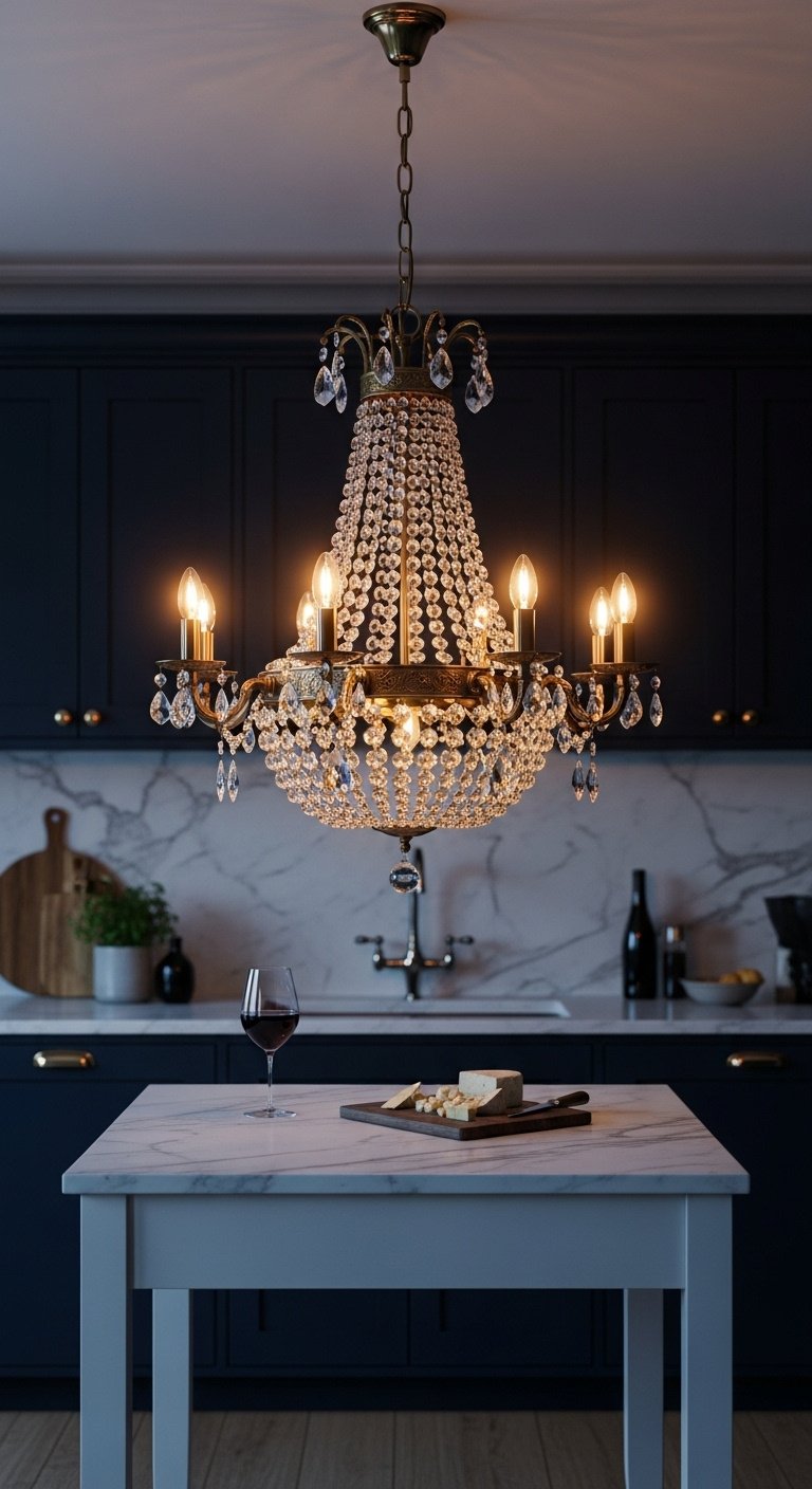Eclectic kitchen with vintage brass crystal chandelier over modern white marble island and navy blue cabinets