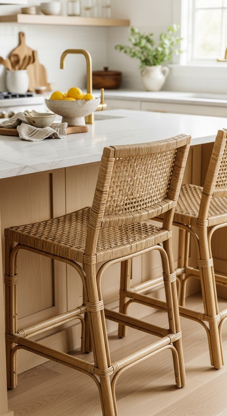 Eclectic kitchen with white marble island rattan bar stools hardwood floor ceramic bowl lemons and brass faucet
