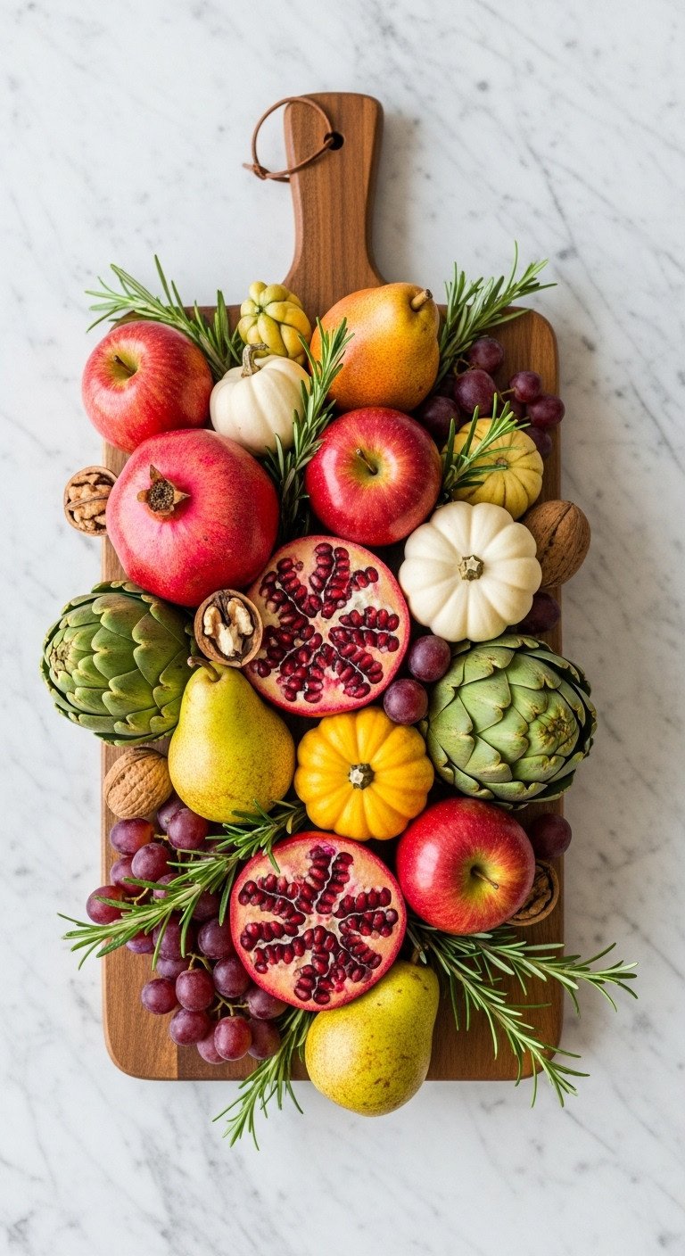 Edible Thanksgiving centerpiece on wooden cutting board with pomegranates apples pears artichokes and squashes
