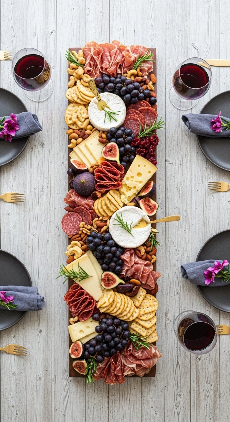 Edible charcuterie runner for a fall tablescape with cheeses salami grapes figs nuts crackers and rosemary on a wood table