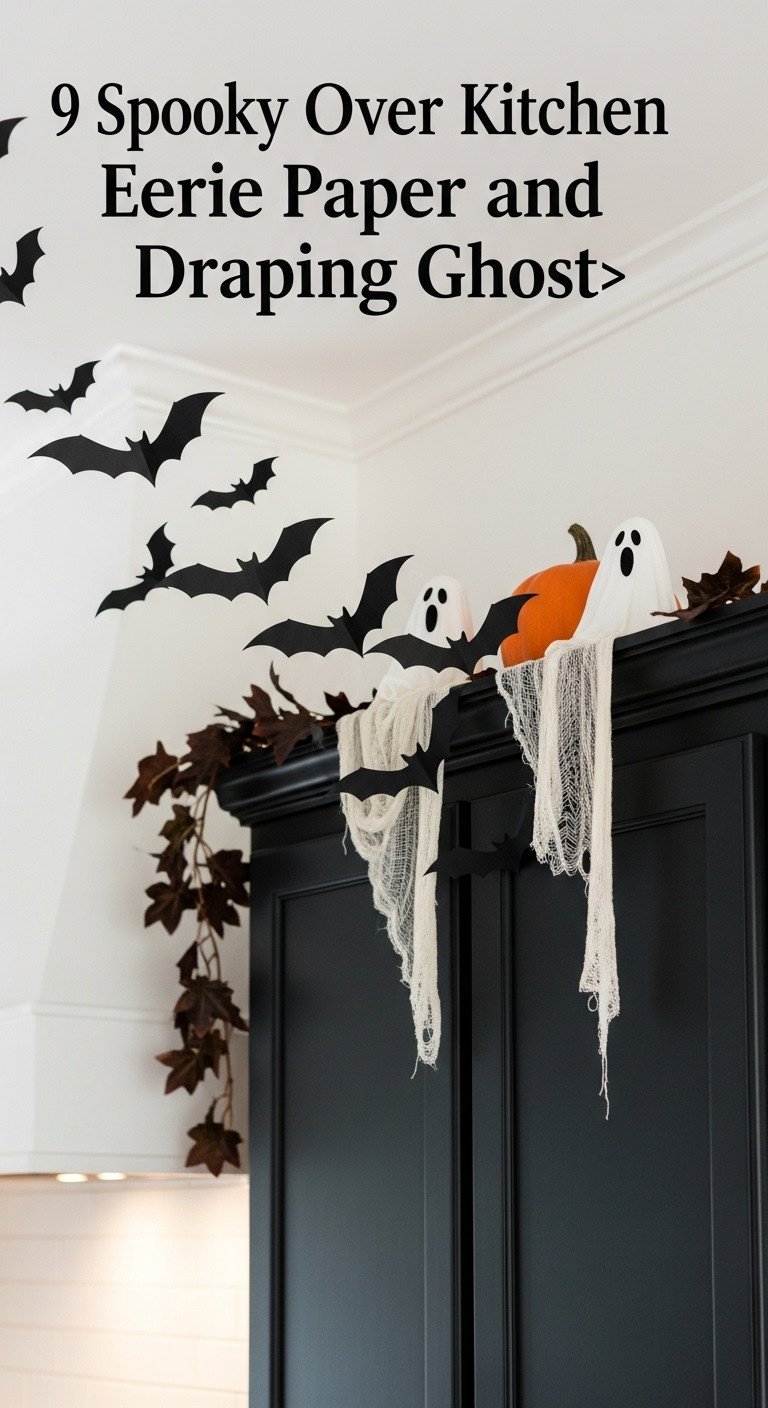 Eerie paper bats and cheesecloth ghosts flying over a dark kitchen cabinet with a faux pumpkin and autumn leaves in a spooky elegant Halloween decor