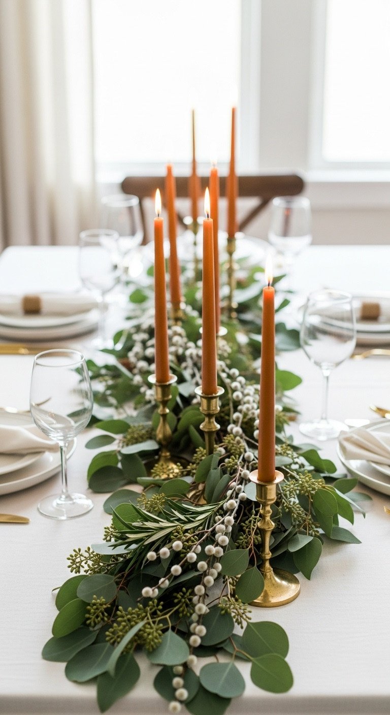 Effortless elegant Thanksgiving table with taper candles greenery runner eucalyptus seeded willow and brass candlestick holders