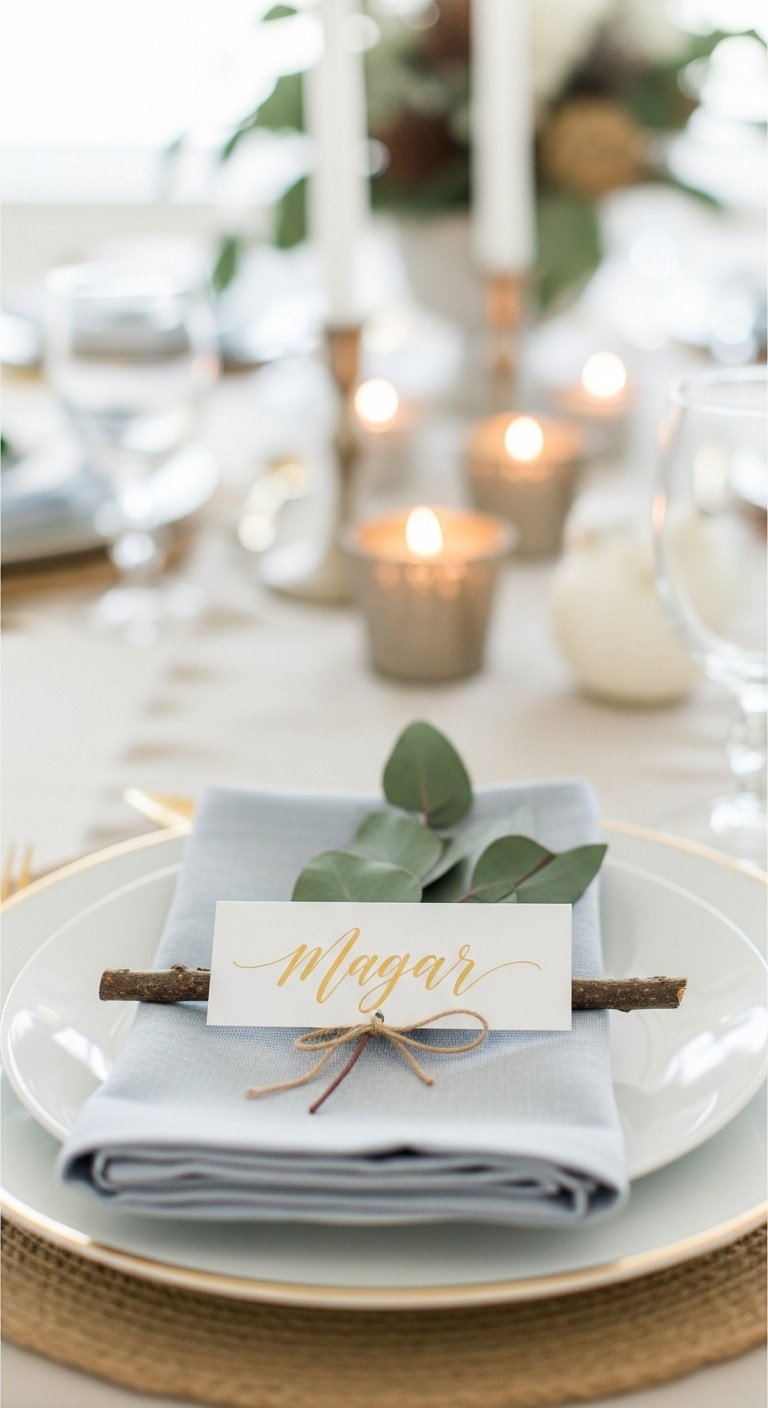 Elegant DIY eucalyptus and twig place card with gold calligraphy twine and linen napkin on a white ceramic plate