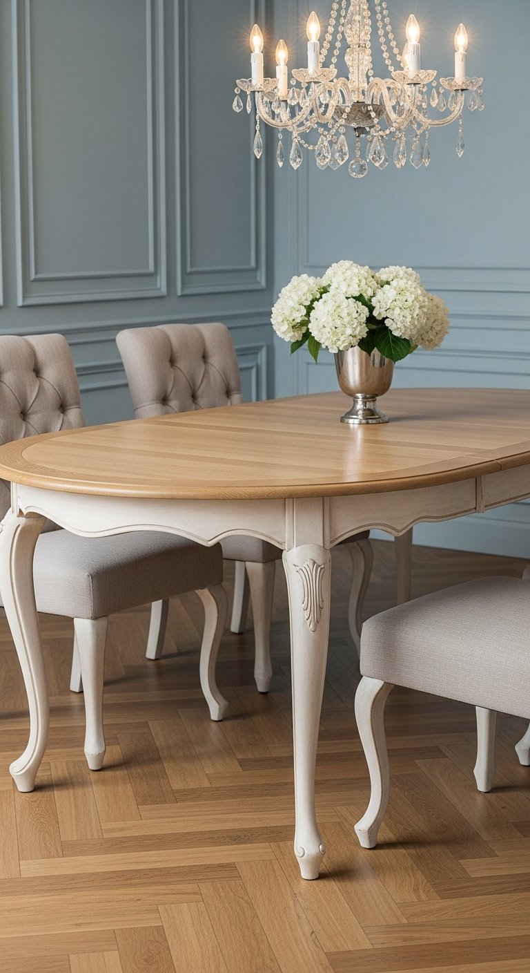 Elegant French country farmhouse oval dining table with light oak top and gracefully curved distressed cream cabriole legs
