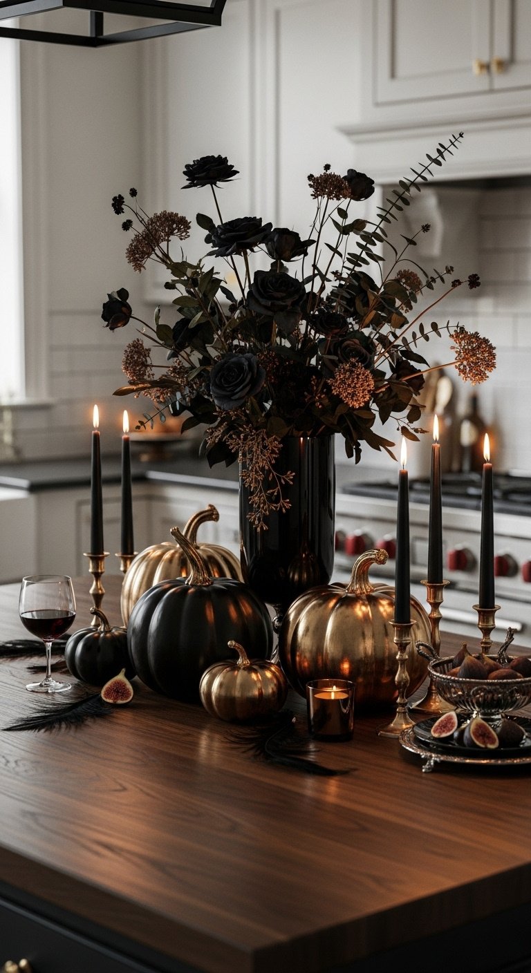 Elegant Halloween centerpiece on a dark wood kitchen island with matte black and gold pumpkins, dark florals, black taper candles, and brass holders