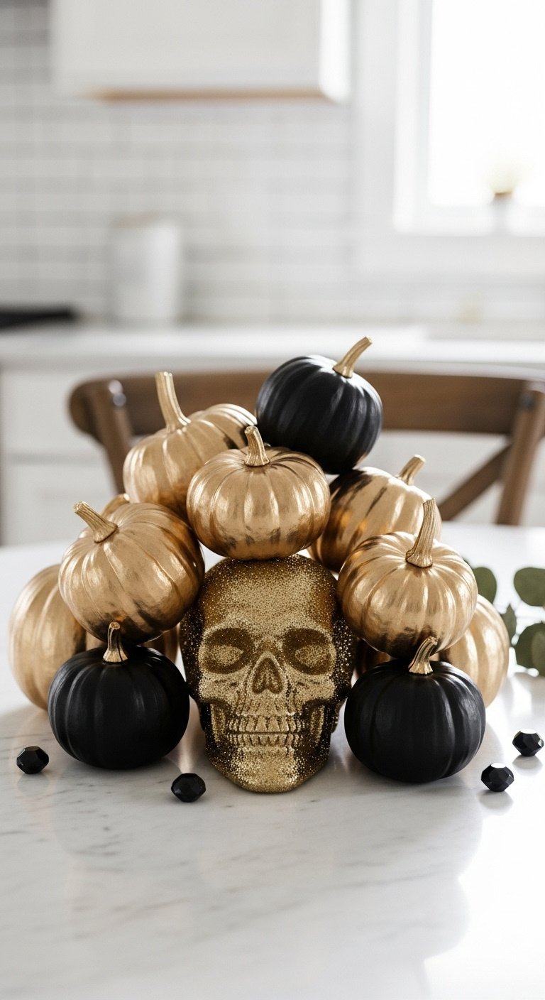Elegant Halloween centerpiece with metallic gold and matte black pumpkins piled around a glittered gold decorative skull on a white marble kitchen table