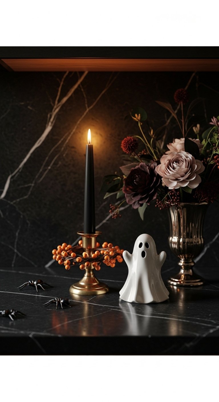 Elegant Halloween countertop vignette with a black taper candle, brass holder, orange berry garland, white ghost, and dark florals