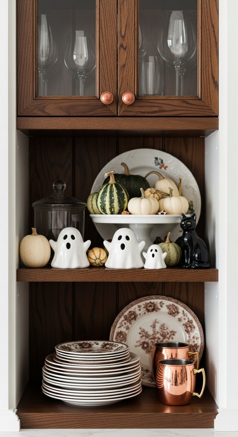 Elegant Halloween kitchen butler's pantry shelf with white ceramic ghost tealight holders muted pumpkins vintage black cat figurine and copper mug
