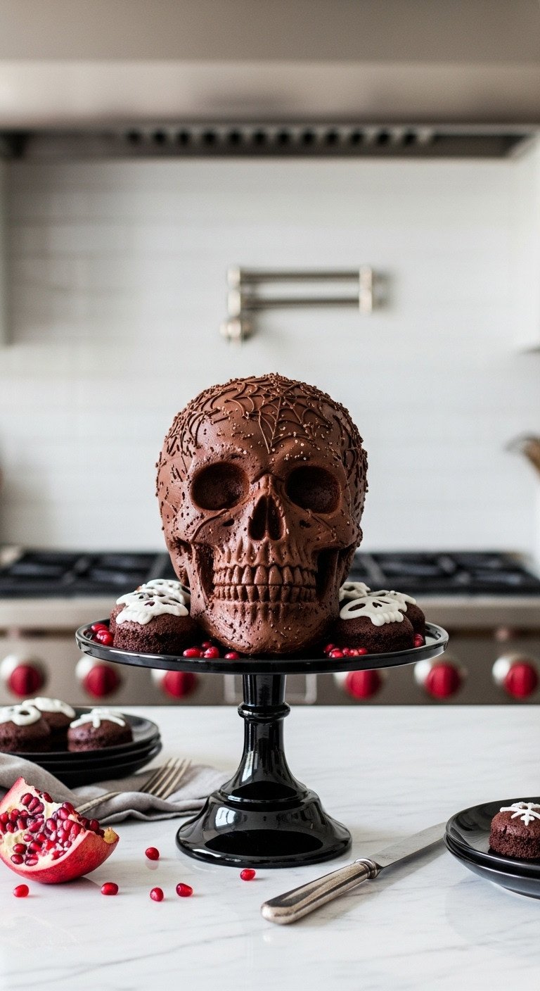 Elegant Halloween kitchen island centerpiece with a glossy chocolate skull cake on a black stand scattered pomegranate seeds and silver knife