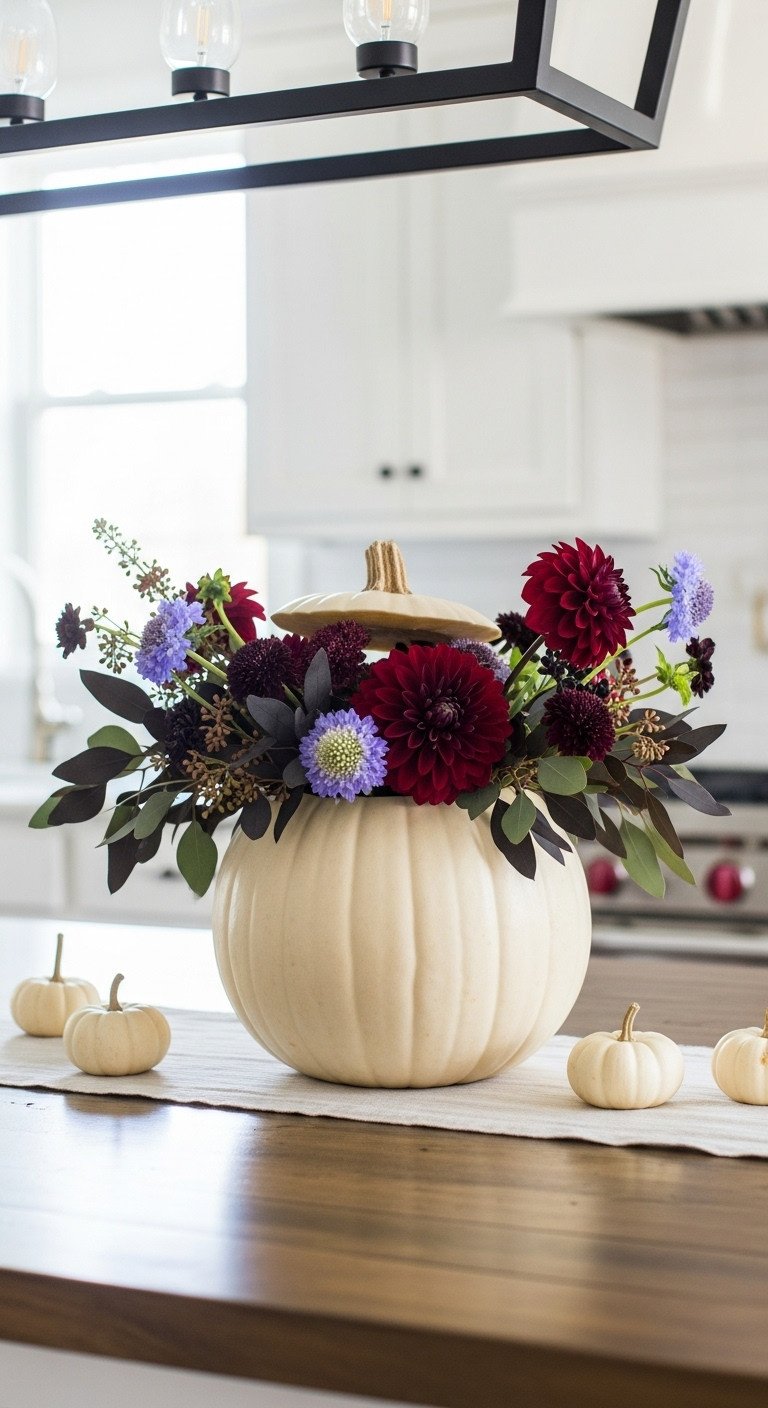 Elegant Halloween kitchen island centerpiece with a white pumpkin planter filled with dark red dahlias purple scabiosa and eucalyptus