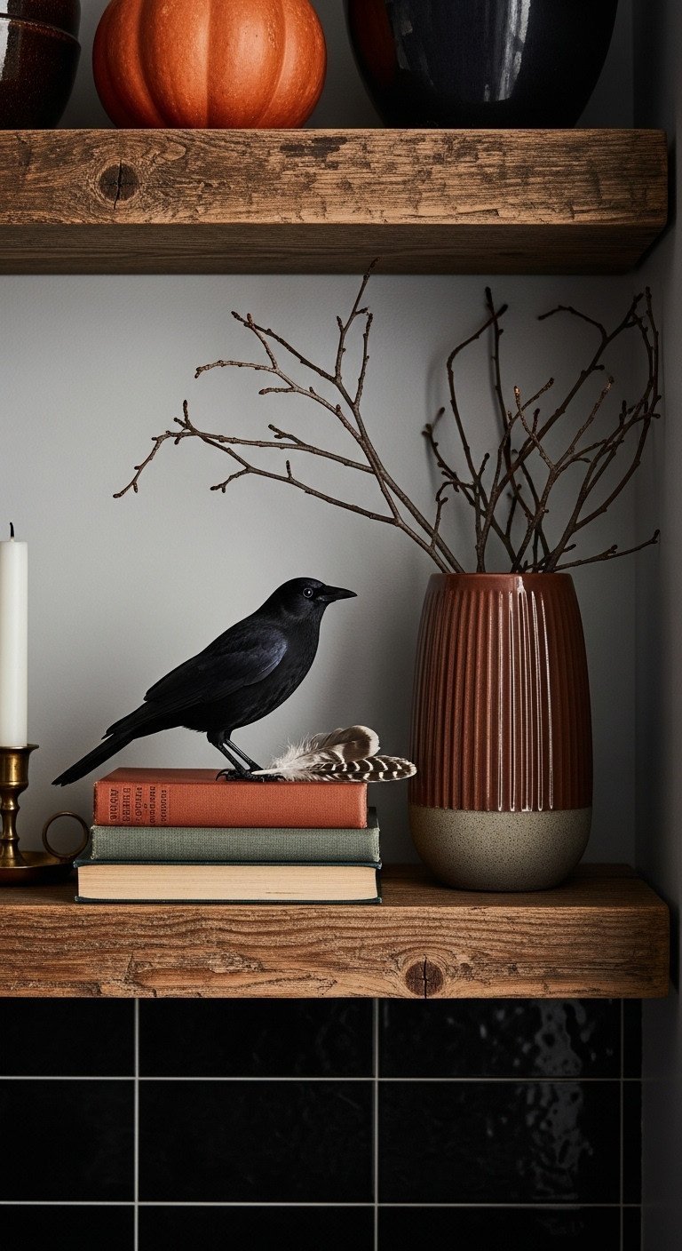 Elegant Halloween kitchen shelving with blackbird on vintage books vase with bare branches and a white pillar candle