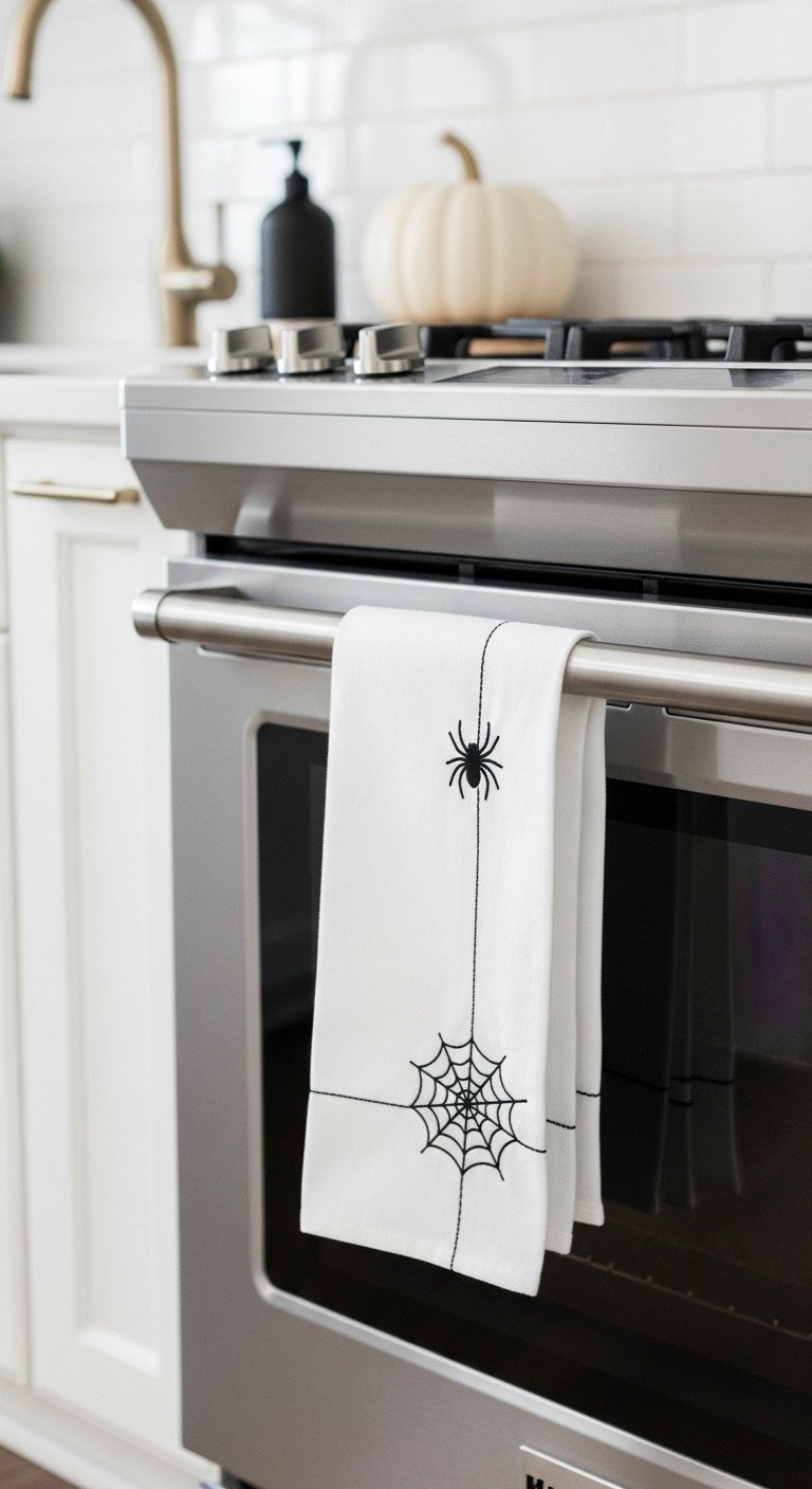 Elegant Halloween kitchen towel with black embroidered spiderweb hanging from a stainless steel oven door handle in a modern kitchen
