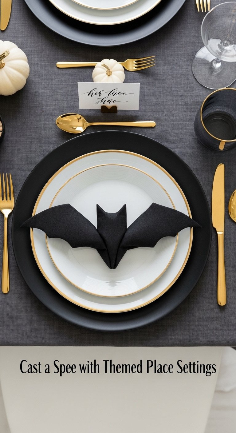 Elegant Halloween place setting with matte black charger, gold-rimmed white plate, bat-wing napkin, gold cutlery, and white pumpkin place card holder