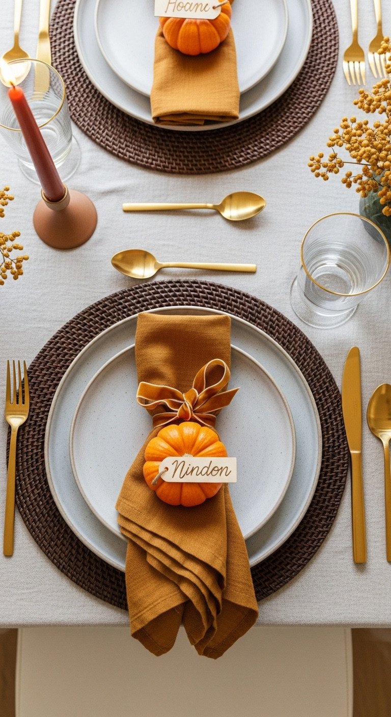 Elegant Thanksgiving place setting with modern stoneware plates mustard napkin velvet ribbon mini pumpkin and wooden name tag