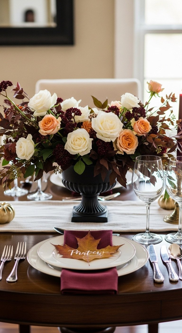 Elegant Thanksgiving round table decor with burgundy and white floral centerpiece natural leaf place cards dark wood table