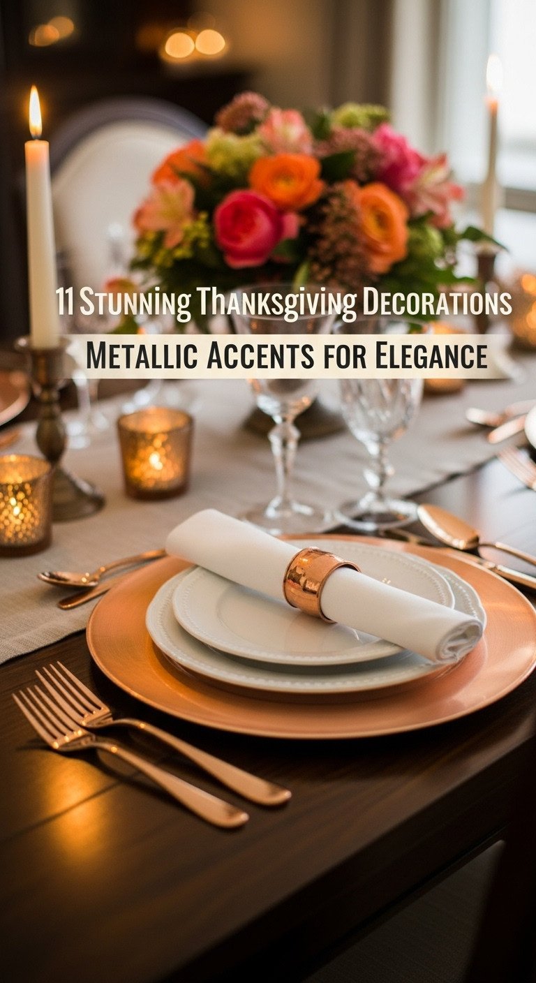 Elegant Thanksgiving table setting with shiny copper charger white dinner plate gleaming copper flatware and floral centerpiece