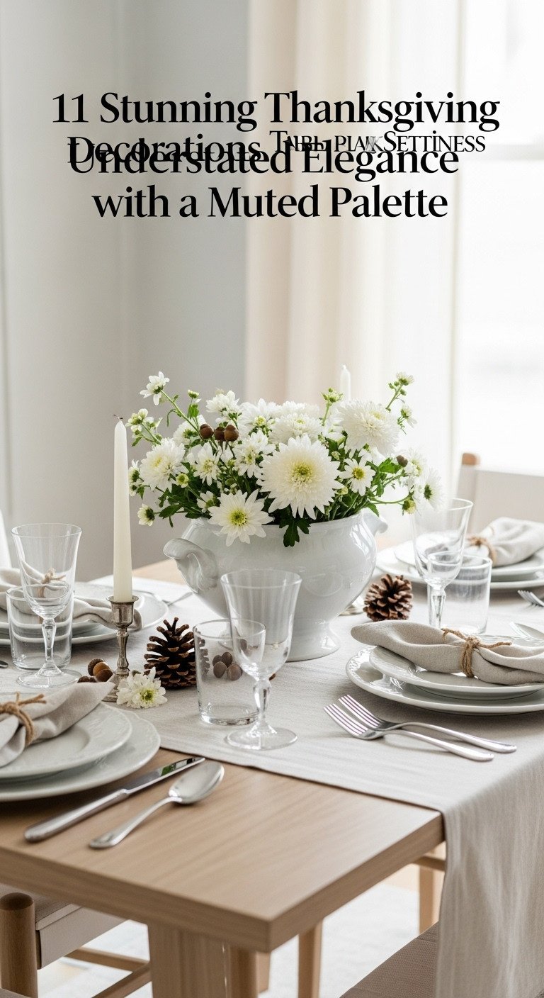 Elegant Thanksgiving table with muted tones white dishes soup tureen filled with mums pinecones and acorns