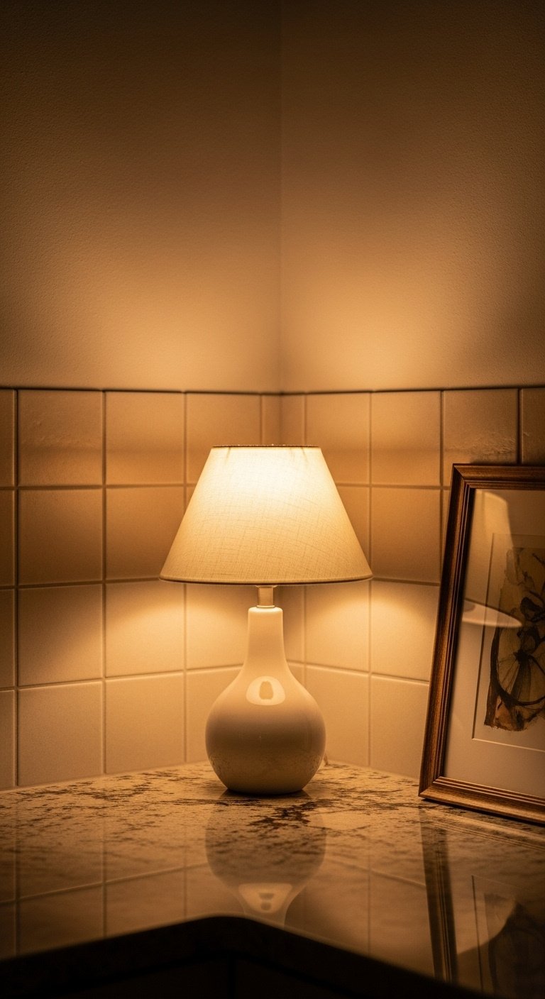 Elegant accent lamp with ceramic base and linen shade on granite kitchen counter corner with warm glow