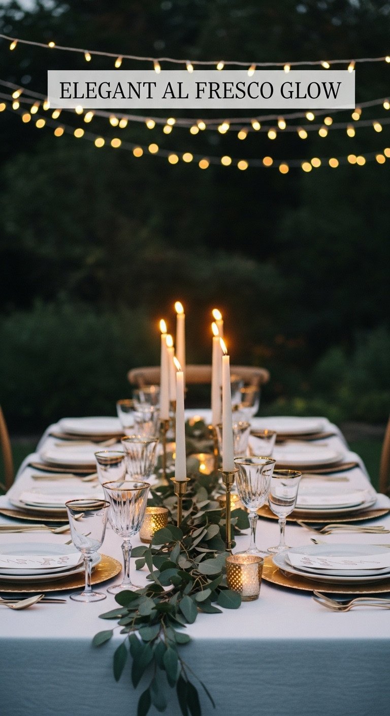 Elegant al fresco Thanksgiving table with fairy lights taper candles gold holders crystal glassware and white plates with gold-rimmed chargers
