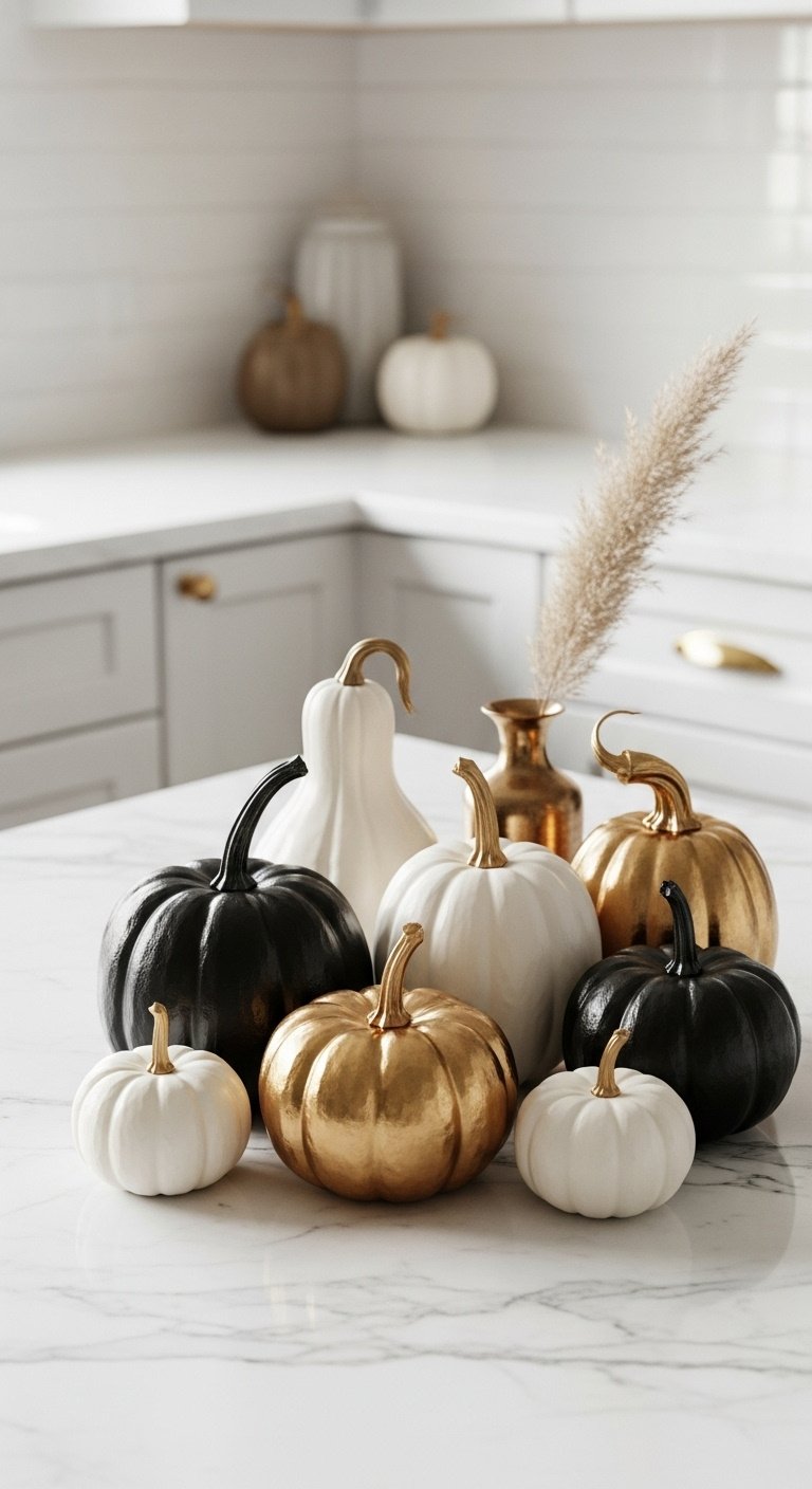 Elegant arrangement of matte black, glossy white, and metallic gold pumpkins and gourds on a white marble kitchen countertop