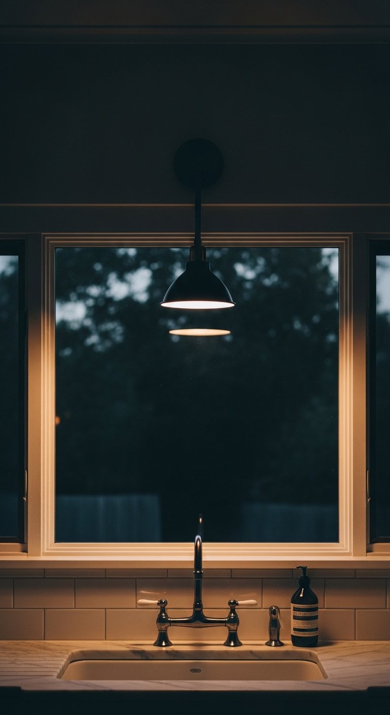 Elegant black metal gooseneck sconce light casting warm glow above kitchen window with white tile and marble counter