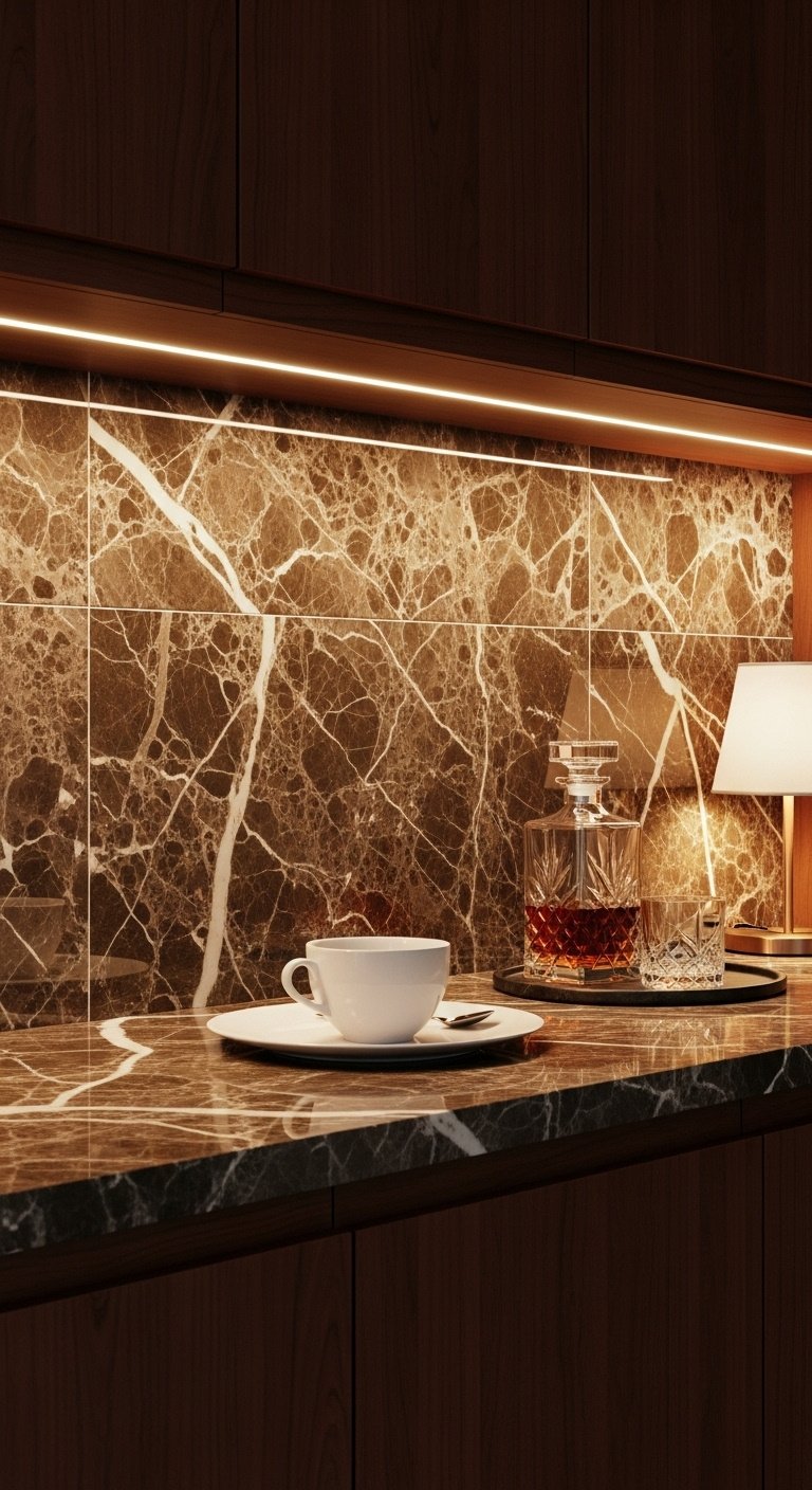 Elegant brown marble backsplash with dark mahogany cabinets and matching marble countertop
