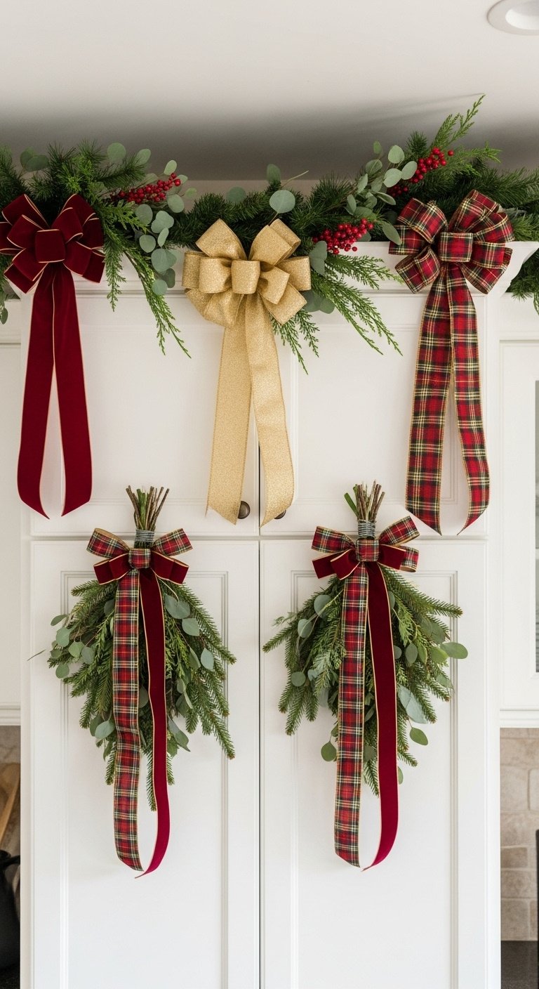 Elegant burgundy velvet ribbon bows tied to a lush evergreen garland draped above white kitchen cabinets for Christmas