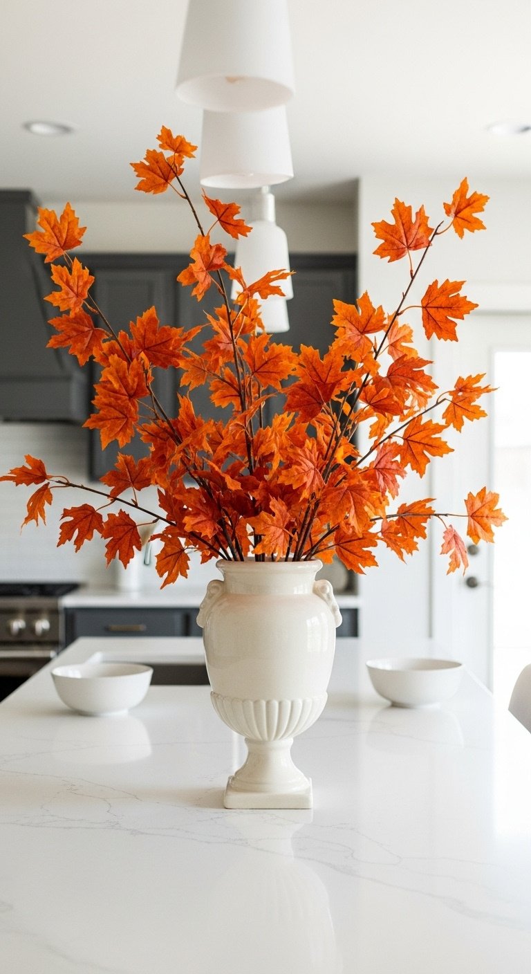 Elegant ceramic urn with tall faux autumn leaves on a white quartz kitchen island as a single fall focal point